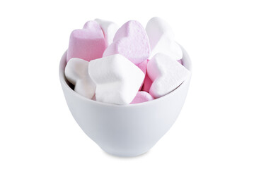 Marshmallows in the form of heart in a white cup on a white isolated background
