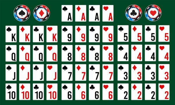 Poker deck of cards with isolated cards. Set of Poker and casino playing cards, full deck. Vector illustration.