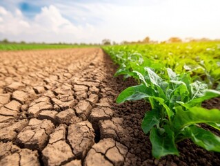 A split view of cracked, dry soil alongside vibrant green crops under a bright sky, highlighting the contrast between drought and healthy vegetation.
