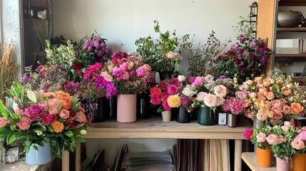 A vibrant floral arrangement workshop with Valentines bouquets in progress