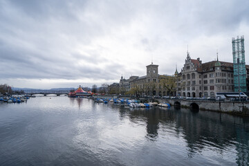 Fototapeta premium Zurich, Switzerland cityscape along the Limmat River, taken in winter