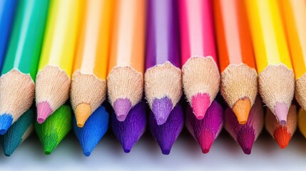 Vibrant Array of Colored Pencils Arranged in a Rainbow Spectrum on a White Background, Showcasing Their Tips and Rich Coloration for Creative Projects
