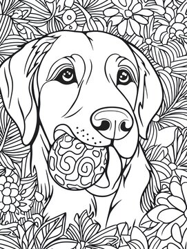 Playful Pup:  Intricate line art of a Labrador Retriever playfully holding a patterned ball, surrounded by lush floral details, perfect for coloring books, pet-themed designs.