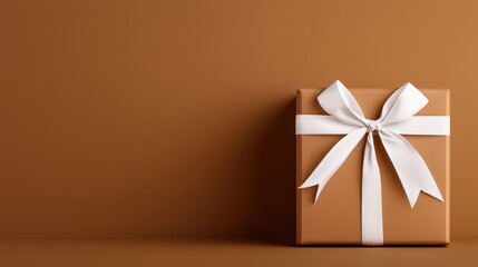 A beautifully wrapped gift box with a white ribbon on a warm brown background, perfect for celebrations.