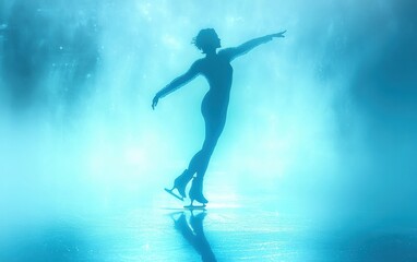 Fototapeta premium Elegant silhouette of a skater on ice, icy blue tones, soft gradients