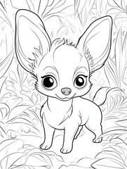 Adorable Chihuahua Coloring Page: A charming illustration of a Chihuahua puppy amidst lush foliage, perfect for coloring books, children's activities, and pet-themed projects.  