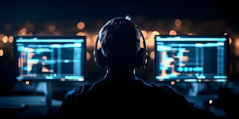 A person wearing headphones sits in front of multiple computer screens displaying data or code, in a dimly lit environment. Concept Tech Enthusiast, Coding Environment, Data Analysis
