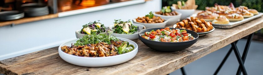 A vibrant display of various dishes on a wooden table, featuring salads, appetizers, and flavorful entrees, ideal for gatherings and culinary events.