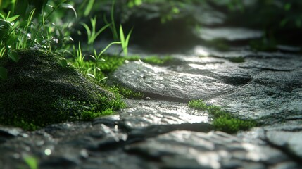 Tranquil Pathway with Lush Greenery and Stones