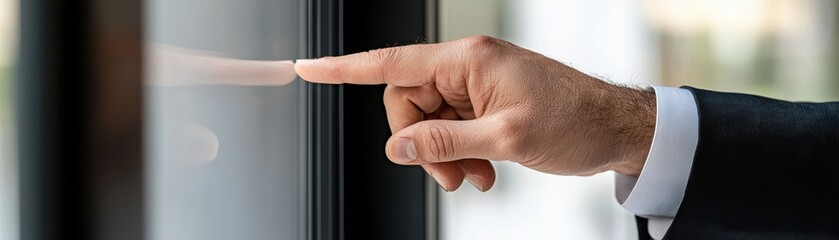 A close-up of a hand pointing at a glass surface, suggesting interaction or inquiry, possibly in a professional or modern setting.