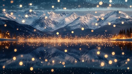 Fototapeta premium Snow-capped mountains reflecting on a serene lake, surrounded by twinkling Christmas lights