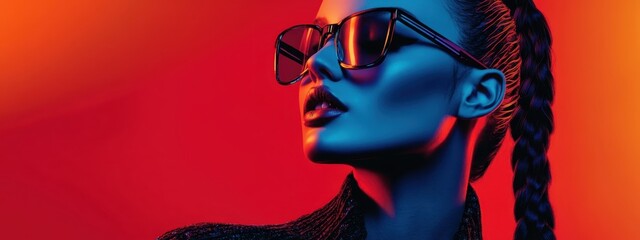 Cyberpunk portrait, female model, red and blue neon lighting, vibrant colors, futuristic sunglasses, reflective lenses, dramatic shadows, high contrast, intense gaze, dark hair, bold red lipstick, clo