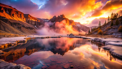 stunning mountain valley at sunset, reflecting vibrant colors in water