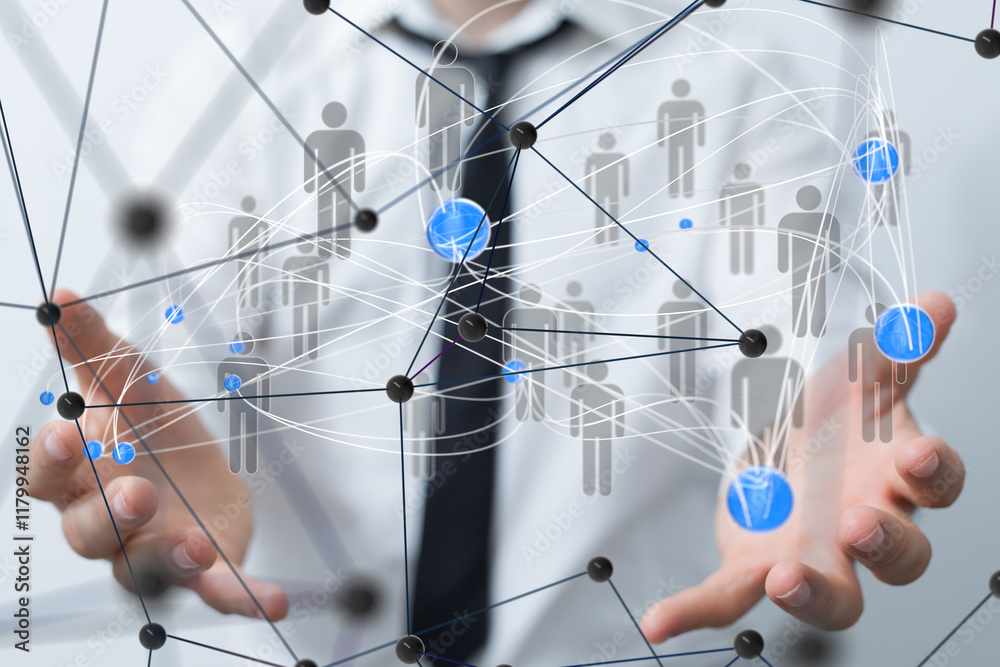 Poster Global network. Blockchain. 3D illustration. Neural networks and artificial intelligence. Abstract