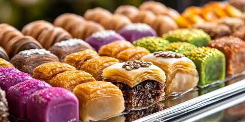A colorful assortment of various types of traditional pastries, including baklava and sweets, displayed in rows. Concept Traditional Pastries, Colorful Display, Baklava Selection, Sweet Treats