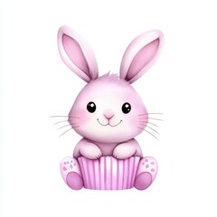 Obraz premium A cute pink bunny sitting with a cupcake, perfect for spring and Easter themes.