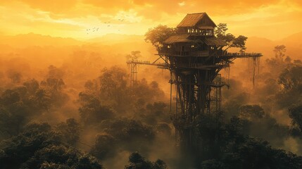 Treehouse in Misty Forest at Sunset