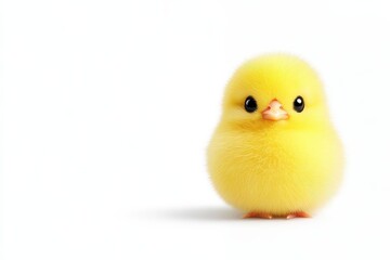 A cute, fluffy yellow chick standing alone on a white background, exuding innocence and charm.