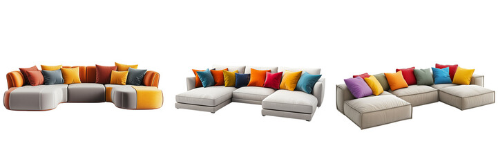 Set of A cozy living room with a modern couch covered in plush pillows, with a single red pillow resting on the floor on transparent png background