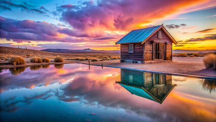 Fototapeta premium serene wooden hut reflecting in tranquil pond at sunset