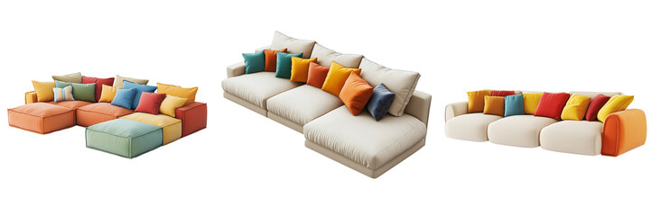 Fototapeta premium Set of A cozy living room with a sofa decorated with Anickal Valentines Day Burgundy Pillow Covers on transparent png background