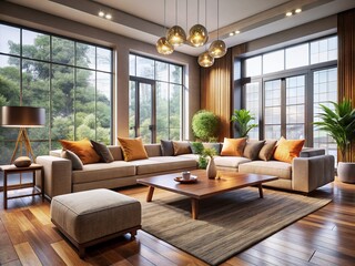 Modern Lounge Interior: Plush Seating, Wood Accents, Minimalist Design