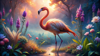 vibrant flamingo stands gracefully in colorful garden, surrounded by flowers and soft light