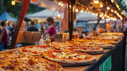 A vibrant pizza stand at an outdoor festival serving freshly baked slices