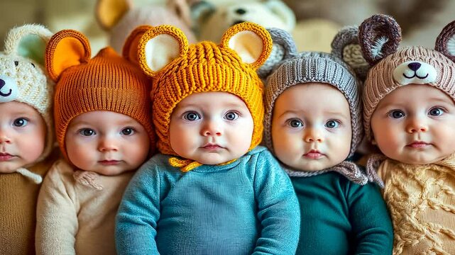 Five infants dressed in colorful knit animal hats sit in a row, showcasing a charming and cozy fall setting. They seem calm, each wrapped warmly in a knitted ensemble, highlighting an innocent and