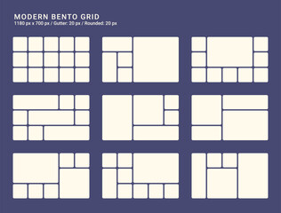 Bento grid for web, presentation. Trendy first screen for website. Graphic dashboard for presentation template. Admin statistical software, web interface vector template. Futuristic style 1180 x 700