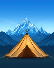 Cozy Camping Tent Under Blue Sky and Majestic Mountain Range