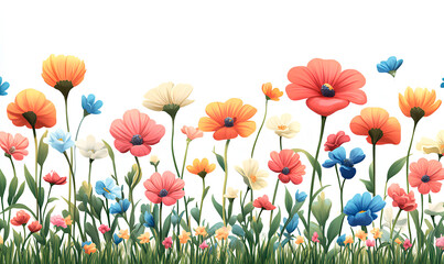 Fototapeta premium Vibrant wildflowers create a cheerful border, blooming in lush green grass against a clean white backdrop