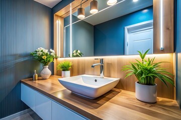 Fototapeta premium Modern Minimalist Bathroom Interior: White Sink & Faucet, Copy Space Left