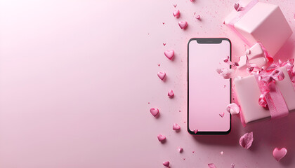Fototapeta premium Valentine's day concept, mobile phone with gift boxes and hearts on pink background