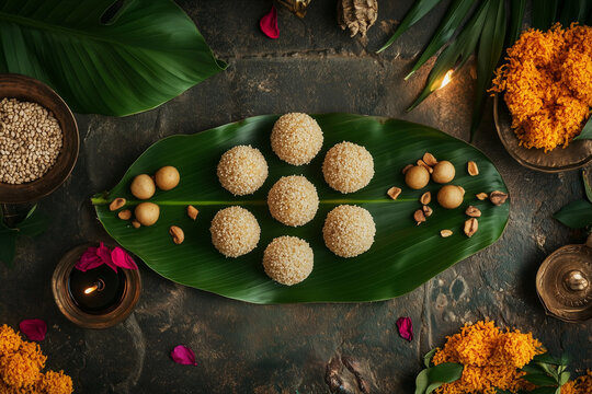 An overhead shot of traditional Indian sweets like tilgul laddoos, sesame chikkis, and jaggery, beautifully arranged on a vibrant, decorative plate.