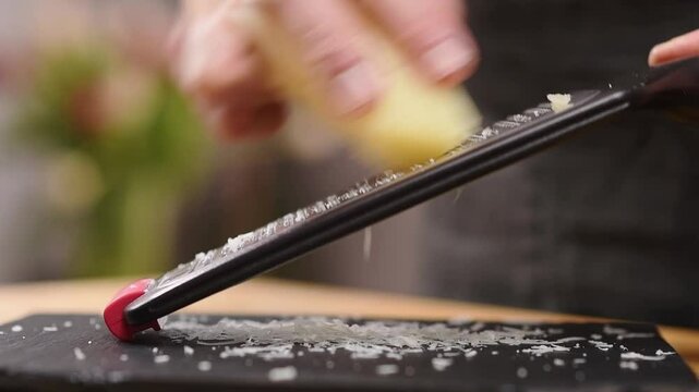 The cook grates pecorino cheese with a grater in the kitchen.
