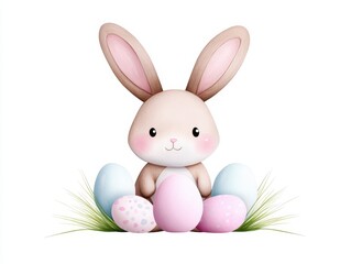 Obraz premium Adorable cartoon bunny surrounded by pastel-colored Easter eggs in a grassy setting, perfect for seasonal designs.