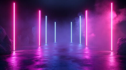 Neon Lights Illuminate a Smoky Dark Scene with Rocks