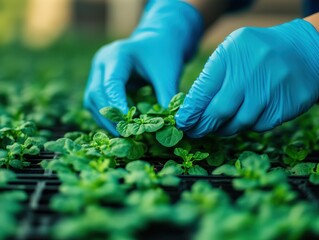 Hands in blue gloves tending to young plants in a greenhouse setting