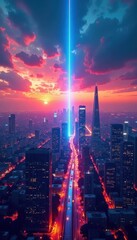 Fototapeta premium Futuristic cityscape with a glowing blue light stripe stretching across the sky at sunset, skyscrapers, urban landscape