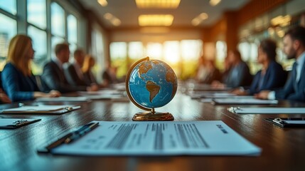 A business meeting with a globe centerpiece, highlighting global collaboration.