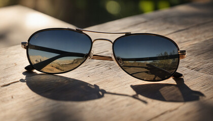 Sunglasses in a metal frame on a wooden surface