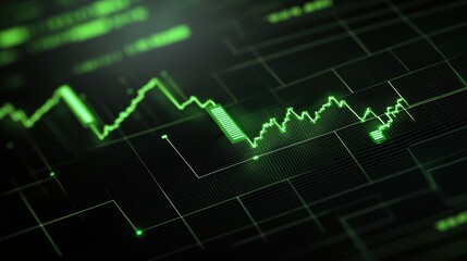 Naklejka premium Ascending green stock chart spikes on dark background, positive growth indicator