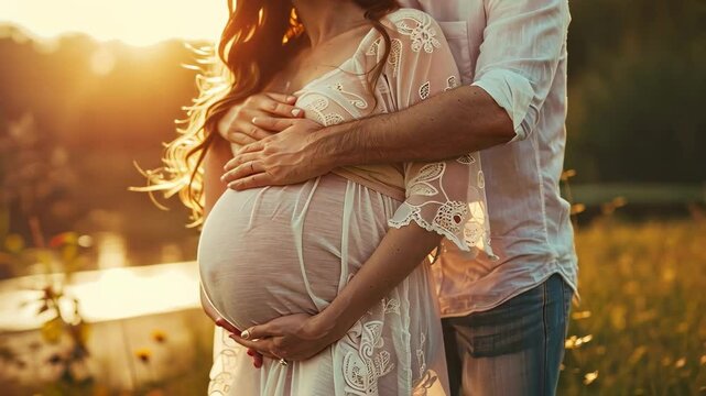 pregnant woman and man on the background of nature close-up