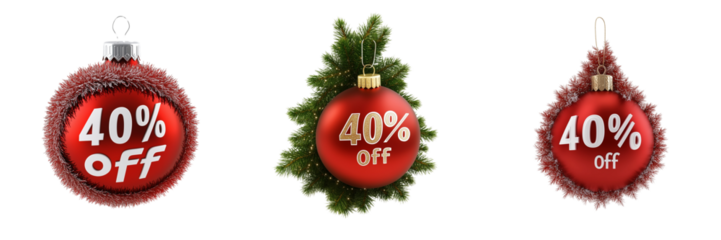 Set of A festive Christmas sale sign hanging in front of a store window with snowflakes gently falling outside 40% off sing on transparent png background