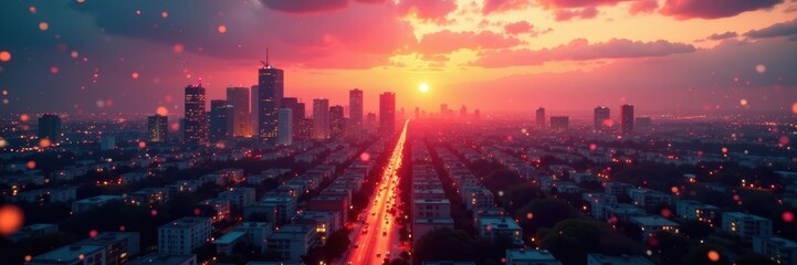 Fototapeta premium Glowing cityscape at dusk with rays of light and sparkling bokeh effects, rays, night