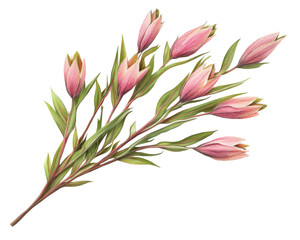 Obraz premium Pink flower buds with green leaves on a white isolated background.