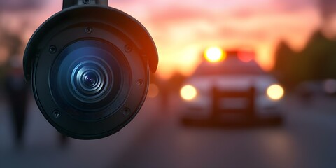 A security camera focused on a police car with flashing lights in a vibrant sunset backdrop. Concept Police Car Surveillance, Vibrant Sunset Background, Flashing Lights, Urban Security Footage