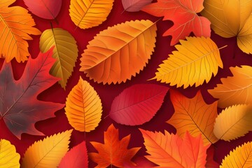 Obraz premium Bright autumn leaves scattered on a red background create a seasonal display