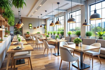 Fototapeta premium Modern Restaurant Interior: Minimalist White Tables, Open Kitchen, Bright Space